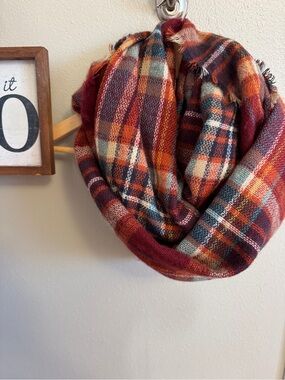 Cozy Plaid Infinity Scarf in Rust & Teal